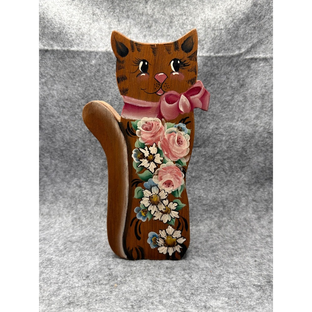 Vintage Hand Painted Wooden Cat Wall Pocket Letter Holder Floral Folk Art Brown - Picture 2 of 6